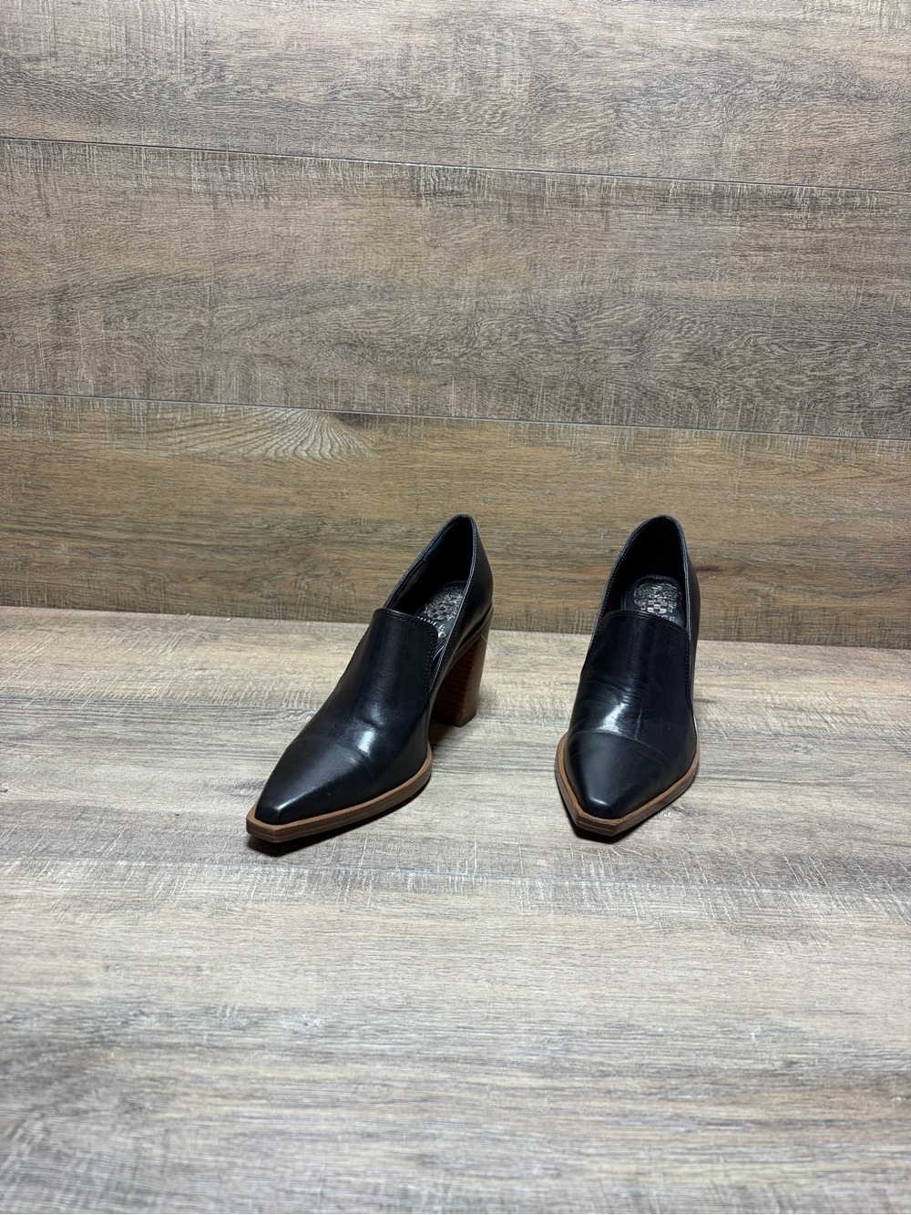 Vince Camuto Black Leather Pointed Toe Block Heel Booties with Brown Trim